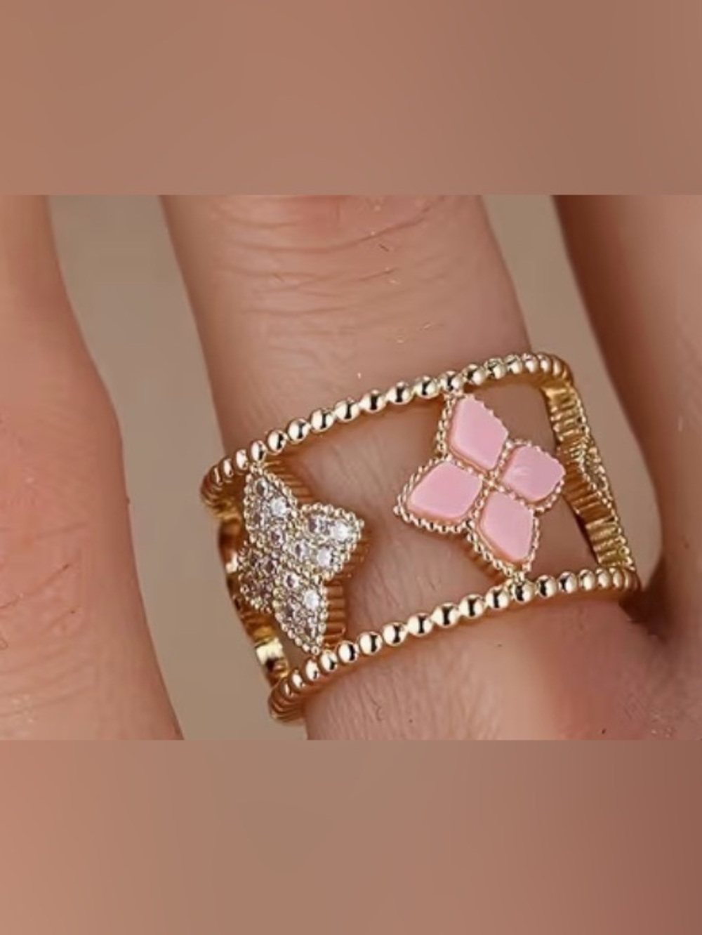 Gold Tone Pink Enamel Ring - Women's Fashion Jewelry Surgical Steel